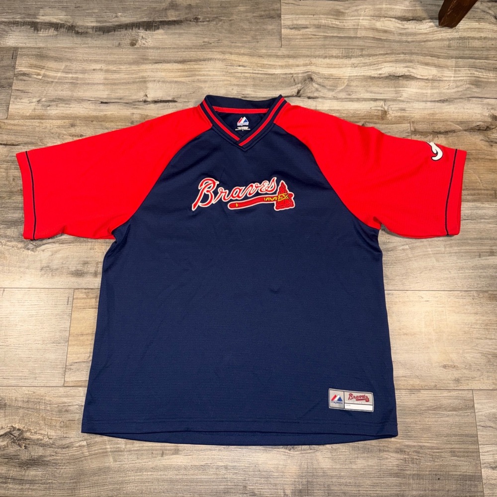 Atlanta Braves Majestic Mens L Navy Red MLB Baseball V Neck Jersey Shirt